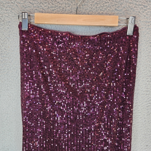 Wildfox Party Midi Maxi Skirt Sz M Purple Sequins Stretch Waist Ruch Front Slit - Picture 8 of 14
